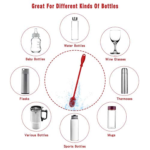 Silicone Bottle Cleaning Brush with Long Handle, BPA Free 12.5" Water Bottle Cleaner for Baby Bottles, Hydro Flask, Sports Bottle, Vase, Glassware, Perfect for Smaller Diameter Bottle Openings (Red) - color: Red