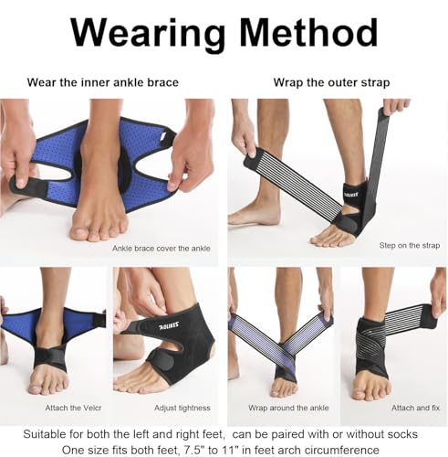 Ankle Brace Elastic Supports for Men Women, Adjustable Ankle Straps Ankle Support Ankle Compression Sleeve, Plantar Fasciitis Relief Achilles Tendonitis Brace Achilles Tendonitis Wrap, Pack of 1 (Black-Blue) - color: Black-Blue