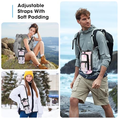 ToLuLu 25/32/40oz Water Bottle Carrier Bag Pocket,Insulated Neoprene Adjustable Shoulder Strap Water Bottle Pouch Case, Crossbody Water Bottle Holder Sling Sleeve for Men Women Adults - color: Pink Flowers, size: 40 OZ
