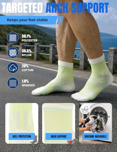 Crew Running Socks Men: Arch Support Cushion Compression Socks - color: F-light Green-3 Pairs, size: 6-9