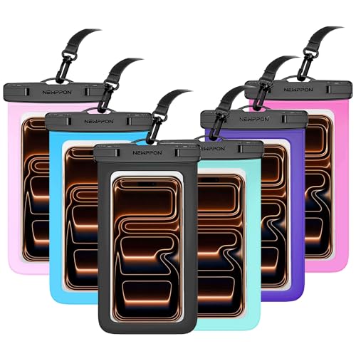6 Pack 8.5" Waterproof Cell Phone Pouch - Underwater Dry Bag Case Lanyard - Water Proof Clear Holder Protector for iPhone 17 16 15 Pro Max Plus Samsung Galaxy S25 S24 Ultra Note for Beach Swimming - color: Black+Green+Blue+Pink+Purple+Magenta