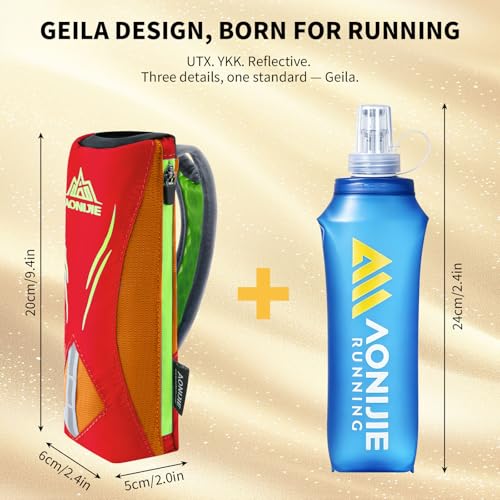 Geila Handheld Water Bottle for Running, 17 oz Grip Handheld Bottle with Hand Strap Hydration Pack, Sport Soft Flask - color: Orange+500ML Soft Flask