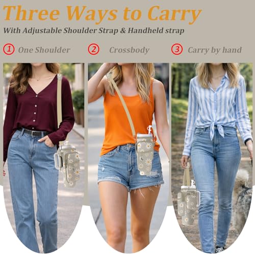 Water Bottle Carrier Bag for Stanley 40/30oz Cup Tumbler with Phone Pocket,Insulated Crossbody Water Bottle Holder with Adjustable Strap,Water Bottle Sling Pouch for Hiking Walking Camping Accessories - color: Khaki Daisy