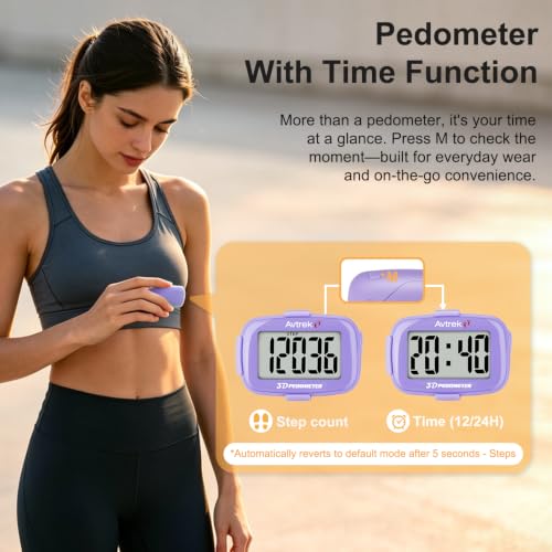 AVTREK 3D Step Counter Clip On with LED Backlight Pocket Pedometer for Walking Outdoor Activities Fitness Tracker Without Smartphone - color: purple