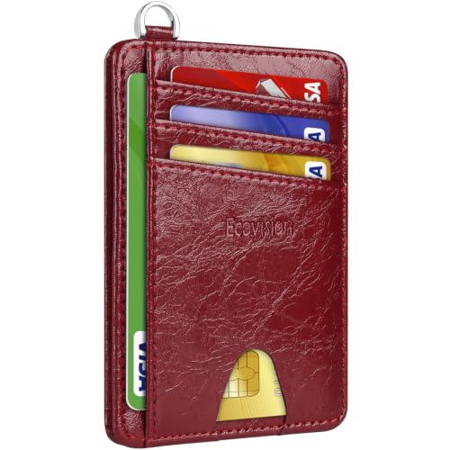 Slim Minimalist Front Pocket Wallet, RFID Blocking Credit Card Holder Wallet with Integrated D-Shackle for Men Women - color: Glossy Burgundy