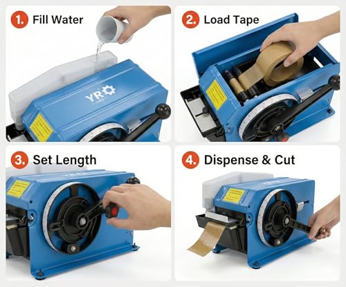 Manual Water Activated Tape Dispenser, Industrial Gummed Tape Machine for Reinforced Kraft Paper Tape (Up to 3" Wide), Heavy Duty Packing Cutter with Stainless Steel Blade for Shipping & Warehouse