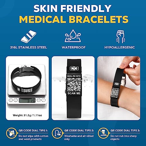 Medical Bracelets for Men Women with QR Code Medical Alert ID Bracelets - color: Black Silver