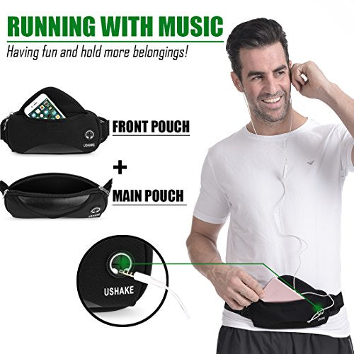 USHAKE Running Belt with Extender Belt, Bounce Free Pouch Bag, Fanny Pack Workout Belt Sports Waist Pack for Apple iPhone Samsung Note Galaxy in Running Walking Cycling-05BK