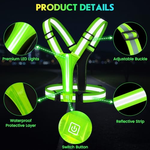 LED Reflective Running Vest, High Visibility Light Up Safety Vest with 3 Light Modes & 6 Light Colors, Rechargeable USB-C Adjustable Lightweight Night Running Gear for Men Women Cycling Walking
