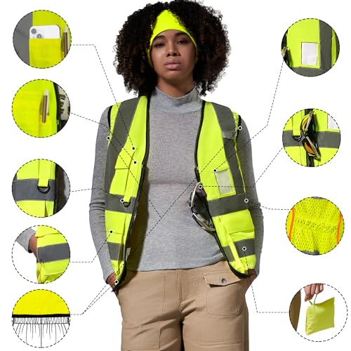 A-SAFETY High Vis Safety Vest for Women - Reflective Strips, Multi-Pockets, Zipper Closure - color: Yellow, size: Large