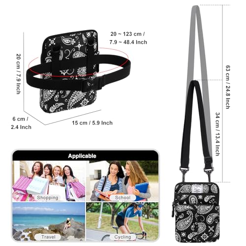 KAMO Multifunction Phone Waist Bag - One Shoulder Diagonal Cross Bag, Smart Case, Outdoor Triple Zip Hipster Crossbody Purse for Women & Men - color: Black-Cashew flower