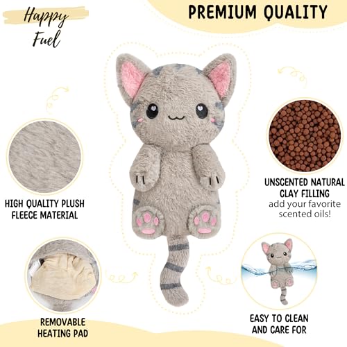 Grey Cat Microwavable 1.5 lbs Unscented Heating Pad for Women and Kids- Cute Soft Cozy Pillow Plush Heatable Warm Stuffed Animals - Kawaii Hot and Cold Plushie - Grey Cat Gifts for Girls and Women - color: Grey Cat