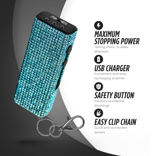 Guard Dog Security Bling It On Stun Gun and Pepper Spray for Self Defense, Fashionable Self-Defense Keychain Set for Women, Glow-in-the-Dark Actuator, 16-Ft Range, USB Rechargeable - color: Teal