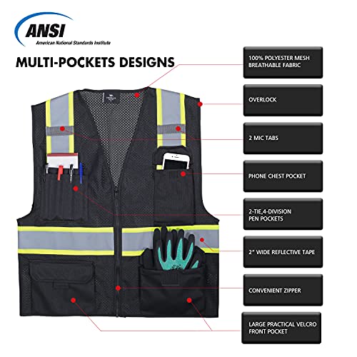 VENDACE Hi Vis Safety Reflective Mesh Vest for Men ANSI Class 2 High Visibility Vest with 8 Pockets and Zipper - color: Black, size: Large