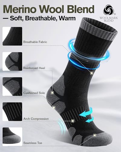 TANSTC Merino Wool Hiking Socks, Moisture Wicking Socks for Men & Women - color: Long-black (3 Pairs), size: 8-10