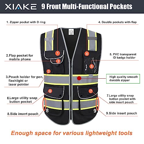 XIAKE 9 Pockets Class 2 High Visibility Reflective Safety Vest for Men Women,Meets ANSI/ISEA Standard - color: Black Yellow Trim, size: 3X-Large