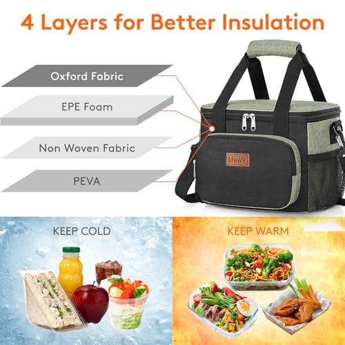 Lifewit Medium Lunch Bag, Insulated Lunch Box, Soft Cooler Cooling Tote for Adult Men Women, Black and Green 12-Can (9L) - color: Black/Green, size: Medium(9L)