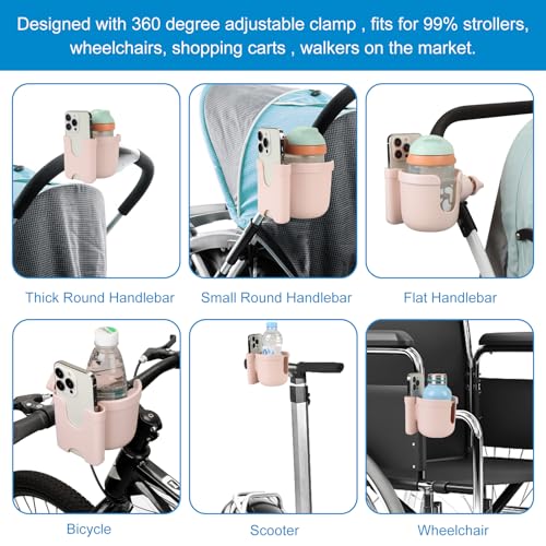 Accmor Stroller Cup Holder with Phone Holder, Bike Cup Holder, Walker Scooter Wheelchair Cup Holder Attachment, Universal Cup Holder for Uppababy Graco Strollers - color: All Crystal Pink