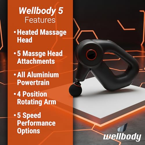 Wellbody 5 Deep Tissue Massage Gun with Heat Ball Technology | Vibrating Handheld Massager for Trigger Point Therapy | 5 Speed Rechargeable Portable Device for Muscle Pain Relief & Recovery