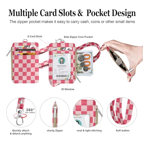 bolimoss Checkered Lanyard Wallet with Id Badge Holder Slim Keychain Wallet for Women Zip Card Holder with ID Window, 5 Card Slots, Side Zipper Coin Purse, Detachable Neck Strap - color: Rose Red Checkerboard