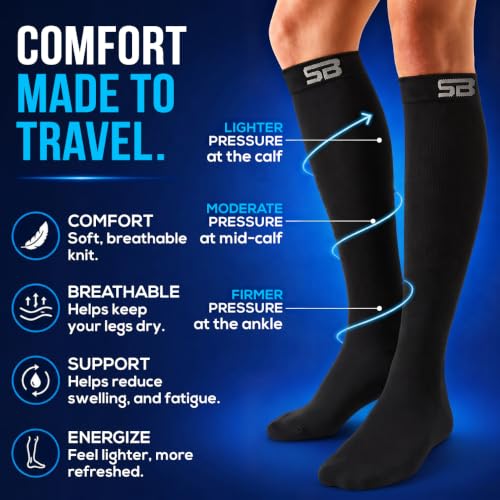 SB SOX Lite Compression Socks for Flying (15–20 mmHg) - color: Solid Black, size: S/M