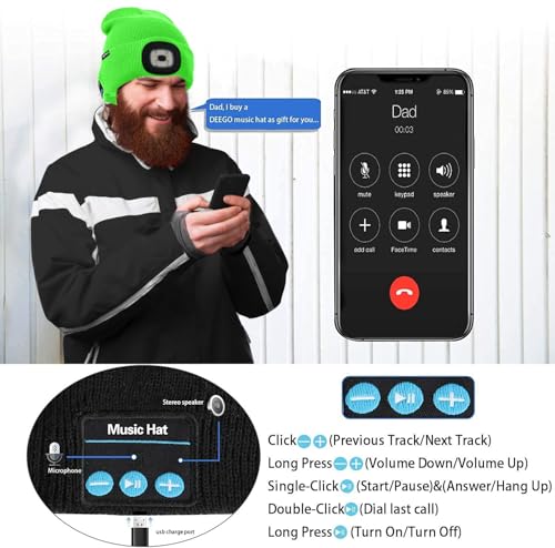 ATNKE LED Lighted Bluetooth Beanie Hat,USB Rechargeable 4 LED Wireless Music Running Headlamp Cap Gift for Men and Women - color: #Fluorescent Green