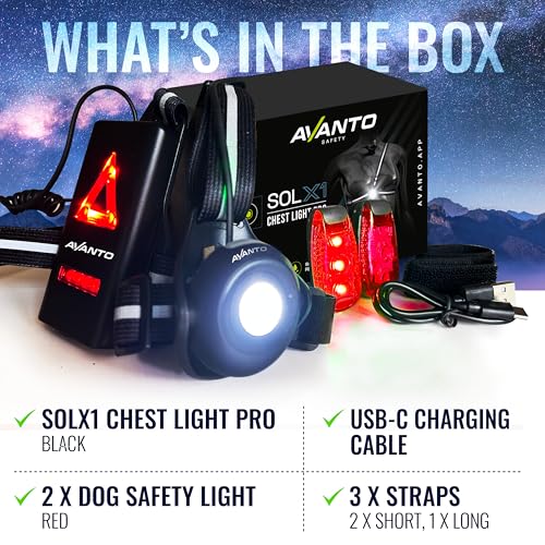 AVANTO Chest Light with (2) LED Safety Clip-Lights for Dog Walking, Night Walks, Biking | Reflective Gear for Walking, Running, Cycling, Strollers, Dogs, E-Bike, Scooters