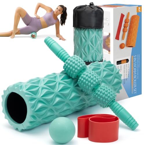 5 in1 Foam Roller Set High Density 15" Foam Roller for Muscle Recovery - color: Pure Turquoise