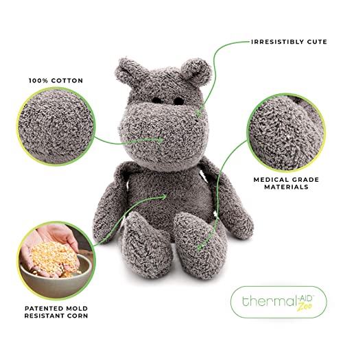Thermal-Aid Zoo Mini — (Happy the Hippo) — Mold-Resistant, Washable Hot & Cold Pack for Kids — Heating and Cooling Pad with Natural Corn Filling — Reusable Plush Toy - size: Mini Hippo