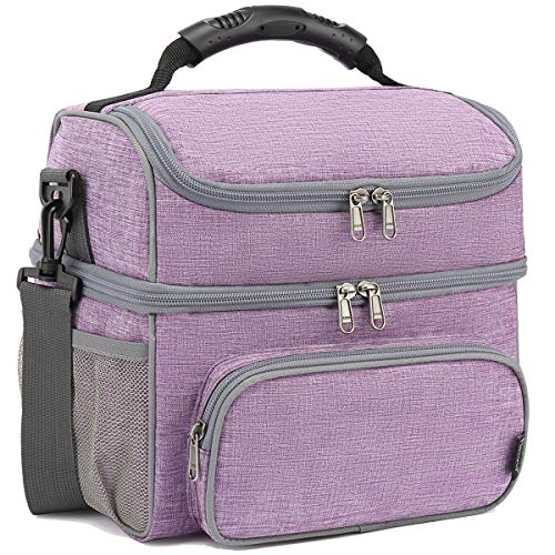 FlowFly Double Layer Cooler Insulated Lunch Bag Adult Lunch Box Large Tote Bag for Men, Women, With Adjustable Strap,Front Pocket and Dual Large Mesh Side Pockets - color: Purple
