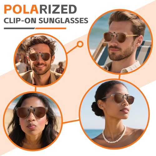 JO Polarized Clip-On Sunglasses UV400 Anti-Glare Lenses with Metal Frame Round - color: Brown, size: 52 mm