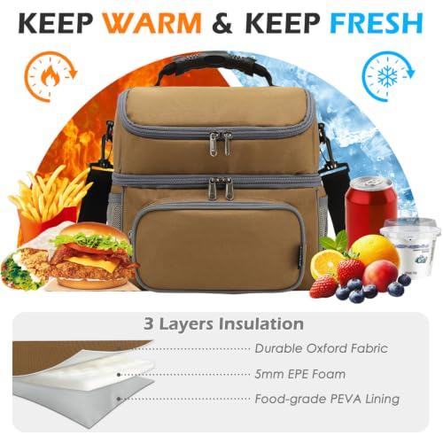FlowFly Double Layer Cooler Insulated Lunch Bag Adult Lunch Box Large Tote Bag for Men, Women, With Adjustable Strap,Front Pocket and Dual Large Mesh Side Pockets - color: Brown