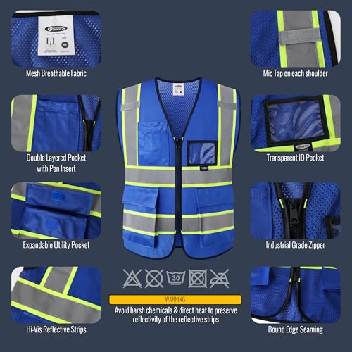 JKSafety Safety Vest for men women Hi Vis Vest with Pockets and Zipper High Visibility Reflective Vests BX320 - color: Blue, size: 3X-Large