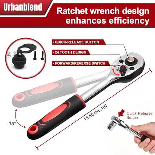46PCS 1/4" Drive Socket Ratchet Wrench Set, Metric Bits, Extension Bar