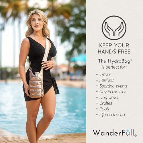 WanderFull Original HydroBag Crossbody Water Bottle Holder with Phone Pocket, Fits Water Bottles up to 32 oz - color: Gold Shiny - Striped Strap