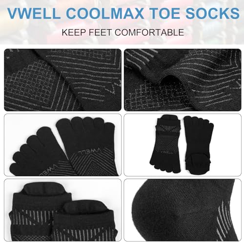 VWELL Toe Socks for Men Women COOLMAX Athletic Running Ankle Socks (3Pairs) - color: Black, size: Medium