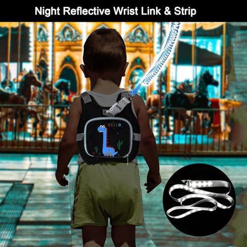 Accmor Toddler Harness Leash+ Reflective Anti Lost Wrist Link, Cute Dinosaur Kids Harness with Leash, Foldable Child Harness Baby Leash Boys Walking Wristband Assistant Belt for Outdoor Travel - color: Black/Brachiosaurus