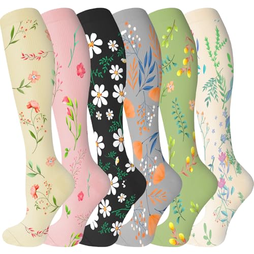 bropite Compression Socks For Women&Men,6 Pairs 20-30 mmHg Knee-High Socks - color: 01 Blackdaisy 27, size: Small-Medium