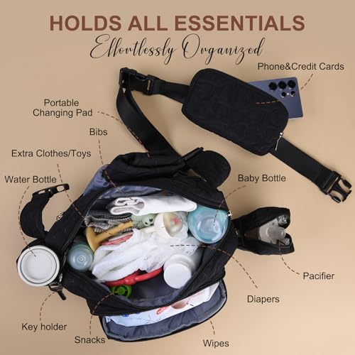 Rexmore Quilted Puffy Diaper Fanny Pack, Crossbody Mom Purse,Textured Black - color: Textured Black