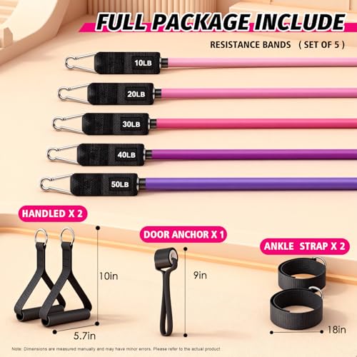 WHATAFIT Resistance Bands with Handles, 150 lb Exercise Bands Set - color: Pink Purple-Ankle