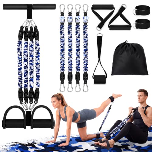 Arrowbash 4 Tube Foot Pedal Resistance Band 100lbs Adjustable Stirrup Puller Exercise Bands with Handles Ankle Cuffs Camouflage Blue Multifunction Home Gym Equipment for Men Women Full Body Workout