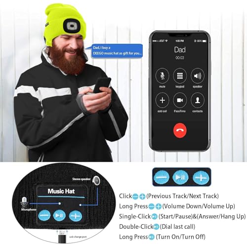 ATNKE LED Lighted Bluetooth Beanie Hat,USB Rechargeable 4 LED Wireless Music Running Headlamp Cap Gift for Men and Women - color: #Fluorescent Yellow