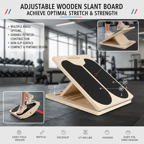 Portable Wooden Slant Board for Calf Stretching with Resistance Bands 400 lbs Cap,Balance Board Anti-Slip Incline Board, Ankle Support, Include Instruction Card & Sand Paper.