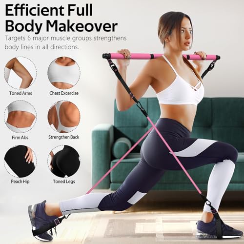 Pilates Bar Kit with Resistance Bands, Pilates Workout Equipment for Women - color: Pink