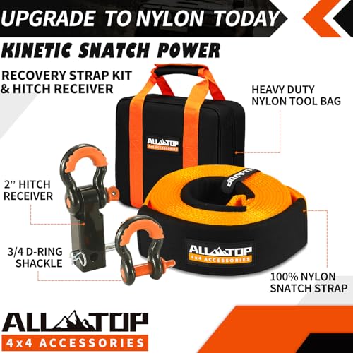 ALL-TOP Nylon Recovery Kit with Hitch Receiver: 3" x 30' (35,000lbs) 100% Nylon Snatch Strap + 2" Shackle Hitch Receiver + 3/4 HD Shackles (2pcs) with Isolator + Storage Bag - size: 3" x 30' Kit + Hitch Receiver