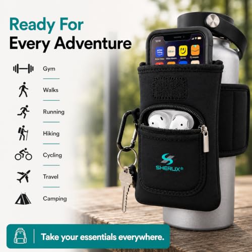 Gym Water Bottle Pouch, Waterproof Neoprene Sleeve with Accessory Pockets for Cell Phone, Airpods, Cards, Keychain Carabiner, Bottle Holder for Workout, Hiking, and More, Fits 18-40 oz Bottles - style: Universal Water Bottle Pouch (Black 18-40 oz)