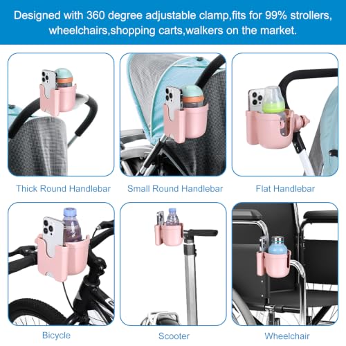 Accmor Stroller Cup Holder with Phone Holder, Bike Cup Holder, Walker Scooter Wheelchair Cup Holder Attachment, Universal Cup Holder for Uppababy Graco Strollers - color: All Light Pink Carbon Fiber Texture