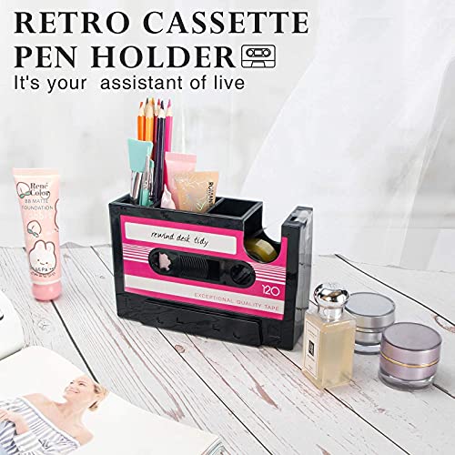 Aobopar Cute Pink Tape Dispenser Desk Organizer, Retro Cassette 80'S Pen Holder