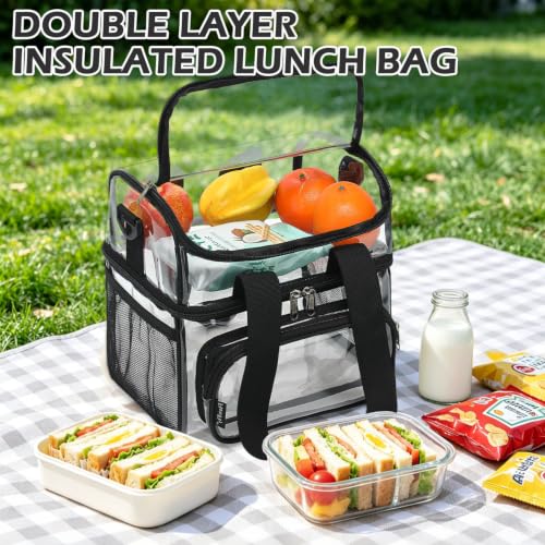 FlowFly Double Layer Cooler Insulated Lunch Bag Adult Lunch Box Large Tote Bag for Men, Women, With Adjustable Strap,Front Pocket and Dual Large Mesh Side Pockets - color: Clear#Black
