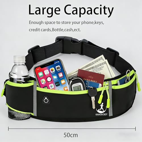 Running Belt for Men and Women, 4-Pocket Waist Pack Fits Large Phones, Lightweight No-Bounce Running Fanny Pack with Water Bottle Holder for Running, Walking, Cycling, Gym